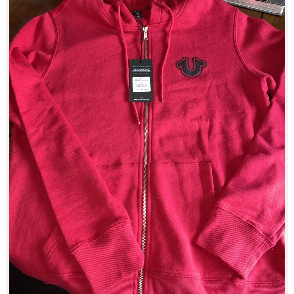 True Religion Men's Flocked Classic Buddha Logo Full Zip Up Hoodie Sweatshirt